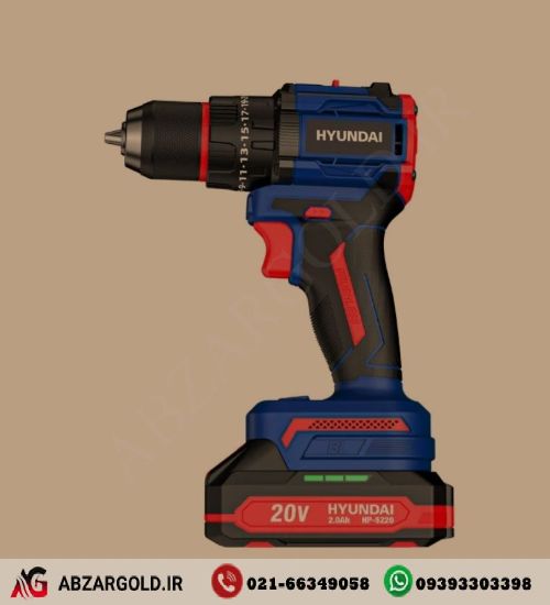 دریل شارژی براشلس چکشی 20 ولت 2 آمپر هیوندای مدل HP-5220 (دوباتری)